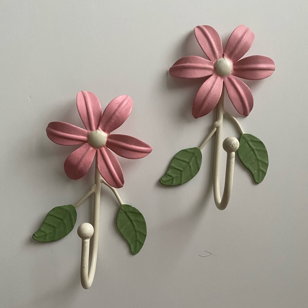 Pair of pink flower, white metal wall hang hooks